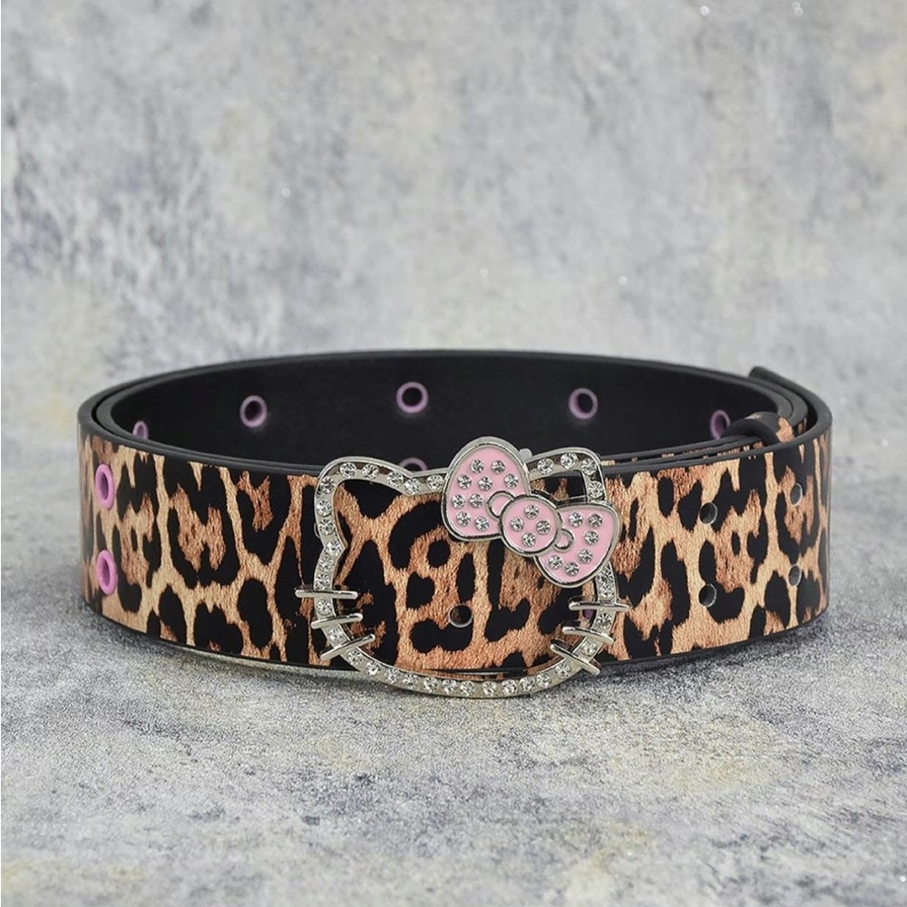 Y2K Hello Kitty Rhinestone Bling Leopard Cheetah Animal Print Belt
